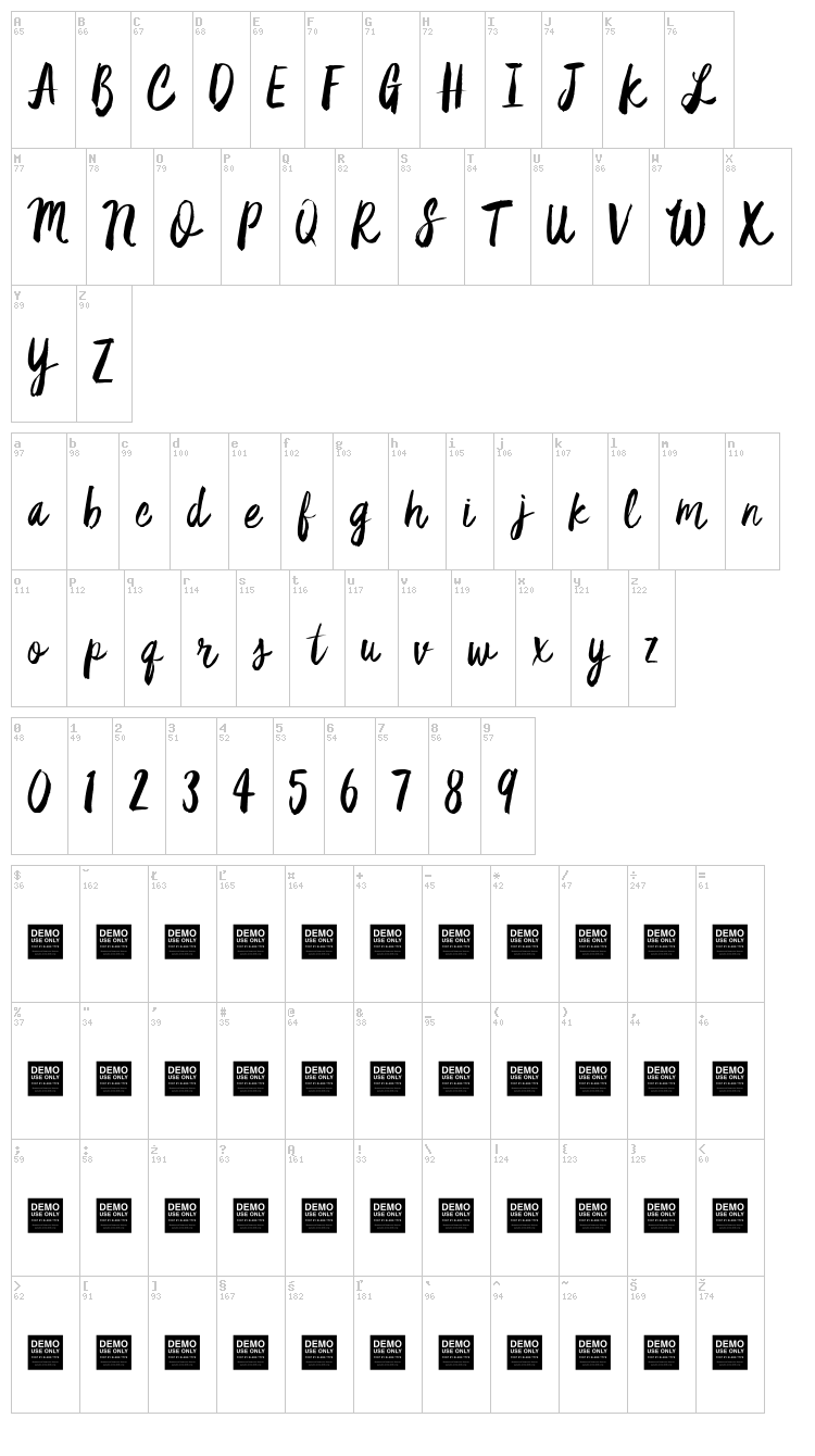 Star Dust font map